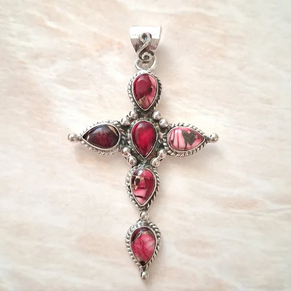 Artisan Handmade Red Rose Dahlia Turquoise 925 Sterling Silver Cross Pendant - Picture 1 of 5